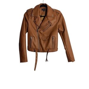 LOVE TREE Tan Vegan Leather Moto Jacket Brown Zip Up Size Small